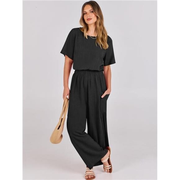 Women's Linen Jumpsuit –  Casual Loose Fit, Short Sleeve, Wide  Leg One-Piece - Picture 4 of 7